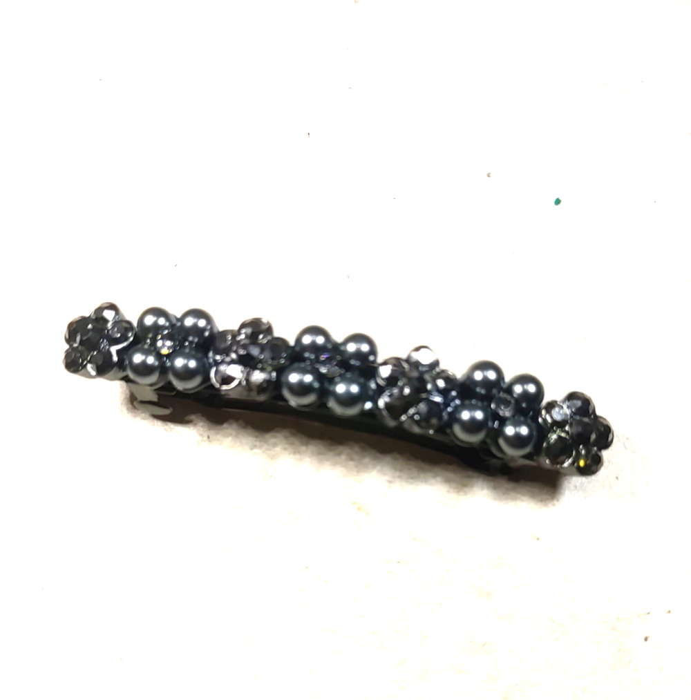 Black Hair Barrette Tension Clip Faux Black Pearls Rhinestones Goth Whimsical